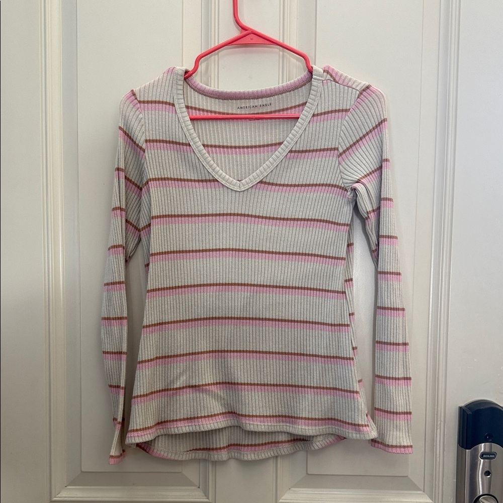 American Eagle Outfitters White and Pink Striped Ribbed V-Neck Long Sleeve Top